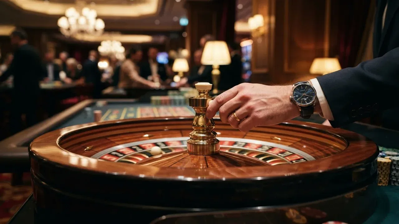A hand wearing a wristwatch rests beside the central spindle of a roulette wheel in a warmly lit room.