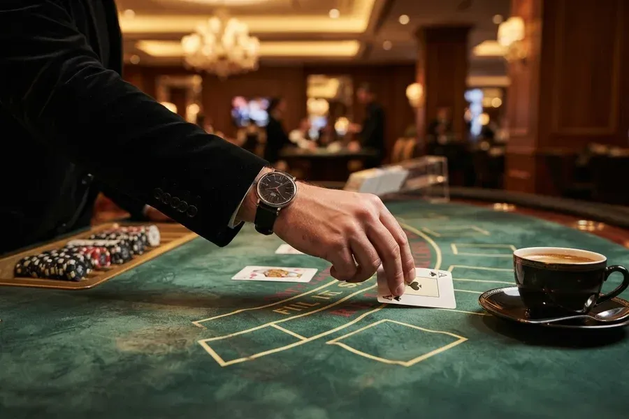 A hand wearing a wristwatch places a playing card on a green felt table beside chips and a cup of coffee.
