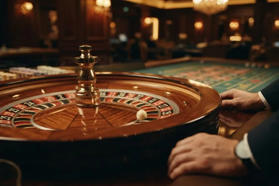 A roulette wheel with a white ball sits beside a person's hands at the table.