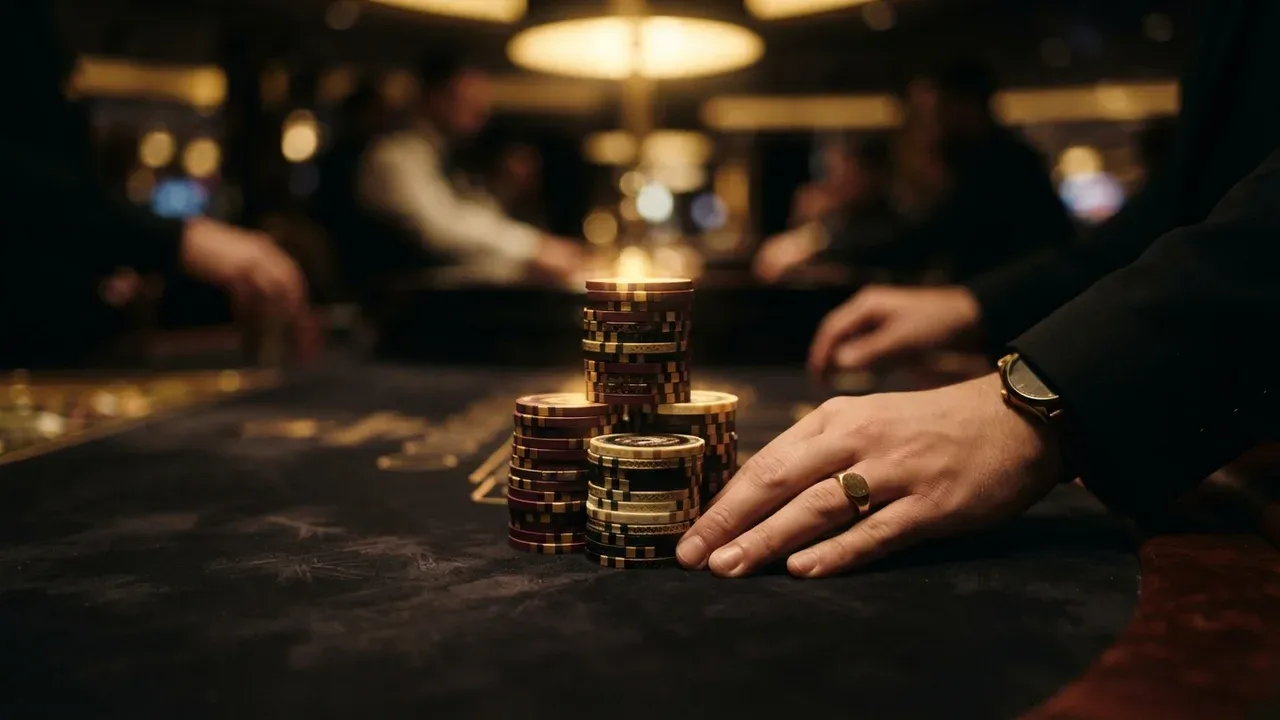 A hand wearing a ring and wristwatch rests beside stacks of poker chips on a dark table.