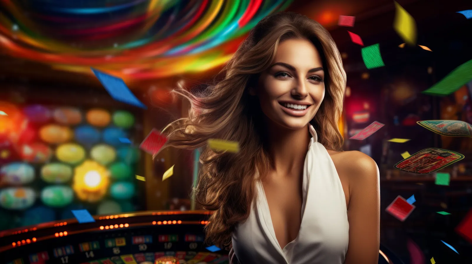A smiling woman in a white top stands amid colorful lights and flying cards.