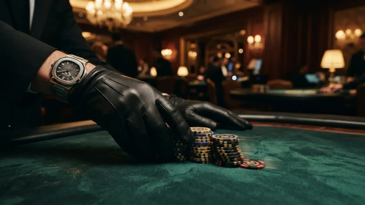 A gloved hand wearing a wristwatch rests beside stacks of poker chips on a green felt table.